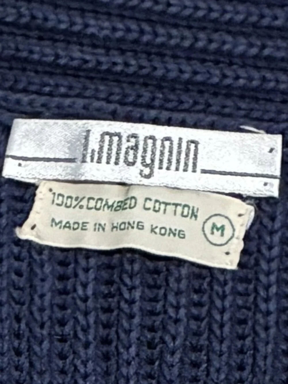 Vintage I. Magnin Navy Blue Chunky Rib Knit Shawl Collar Cardigan Sweater Size-M